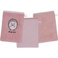 Wörner Waschhandschuh "Igel rosa Waschhandschuh 3er Set", (3 St., 3er Set Waschhandschuhe 15 x 21 cm), 1x mit süßer Igelstickerei, 2x unifarben von Wörner