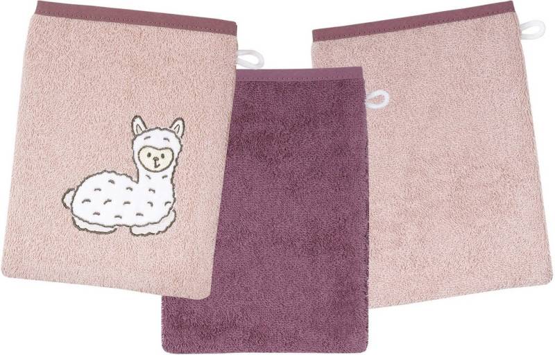 Wörner Waschhandschuh Lama rosa Waschhandschuh 3er Set, (3-St), 1x mit süßer Lamastickerei, 2x unifarben von Wörner