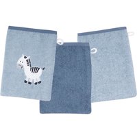 Wörner Waschhandschuh "Zebra blau Waschhandschuh 3er Set", (3 St., 3er Set Waschhandschuhe 15 x 21 cm), 1x mit süßer Zebrastickerei, 2x unifarben von Wörner
