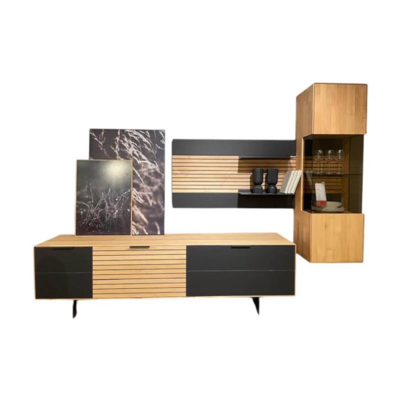 Wohnwand WM 2320 Kanadische Erle Massiv Natur Front Mattglas Schwarz Mit LED Bel... Wohnwand WM 2320 Kanadische Erle Massiv Natur Front Mattglas Schwarz Mit LED Bel... von Wöstmann