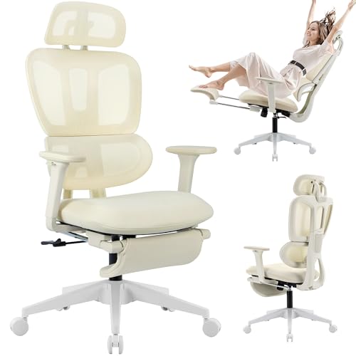 Bürostuhl Ergonomisch mit Fußstütze, Hochlehner Schreibtischstuhl mit Doppeltem Rücken, 2D-Kopflehne, Klappbare Armlehnen, Schwammsitz, Netzstuhl Chefsessel Computerstuhl für Erwachsene, Creme Bürostuhl Ergonomisch mit Fußstütze, Hochlehner Schreibtischstuhl mit Doppeltem Rücken, 2D-Kopflehne, Klappbare Armlehnen, Schwammsitz, Netzstuhl Chefsessel Computerstuhl für Erwachsene, Creme von Wofbing