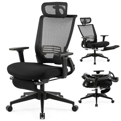 Klappbar Bürostuhl mit Fußstütze, Ergonomisch Schreibtischstuhl mit Verstellbaren Lendenwirbelstütze, Kopfstütze, Home Office Chefsessel Mesh Stuhl 150 kg für platzsparendes Arbeiten von zu Hause aus von Wofbing