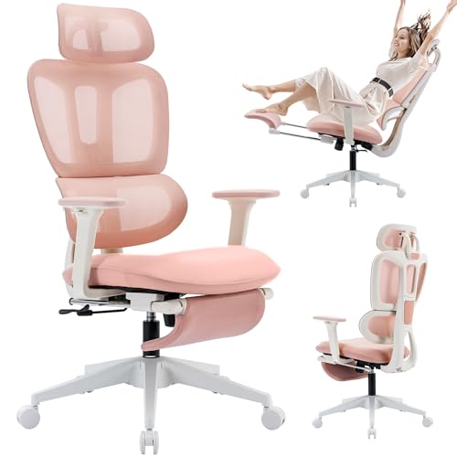 Wofbing Bürostuhl Ergonomisch mit Fußstütze, Hochlehner Schreibtischstuhl mit Doppeltem Rücken, 2D-Kopflehne, Klappbare Armlehnen, Schwammsitz, Netzstuhl Chefsessel Computerstuhl für Erwachsene, Rosa Wofbing Bürostuhl Ergonomisch mit Fußstütze, Hochlehner Schreibtischstuhl mit Doppeltem Rücken, 2D-Kopflehne, Klappbare Armlehnen, Schwammsitz, Netzstuhl Chefsessel Computerstuhl für Erwachsene, Rosa von Wofbing