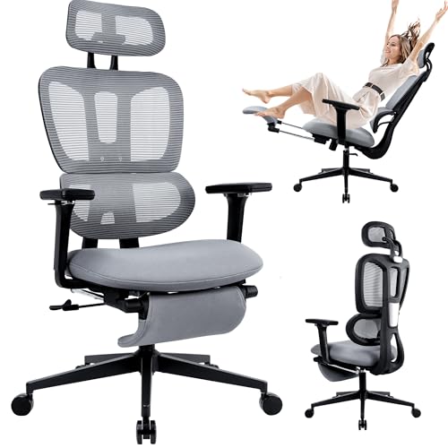 Wofbing Bürostuhl Ergonomisch mit Fußstütze, Hochlehner Schreibtischstuhl mit Doppeltem Rücken, 2D-Kopflehne, Klappbare Armlehnen, Schwammsitz, Netzstuhl Chefsessel Computerstuhl für Erwachsene, Grau von Wofbing