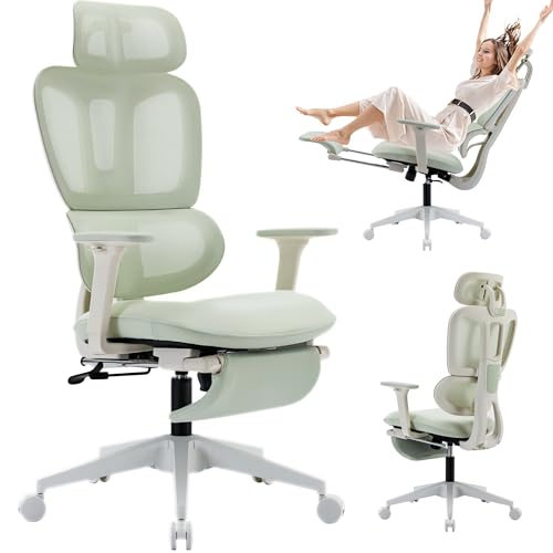 Wofbing Bürostuhl Ergonomisch mit Fußstütze, Hochlehner Schreibtischstuhl mit Doppeltem Rücken, 2D-Kopflehne, Klappbare Armlehnen, Schwammsitz, Netzstuhl Chefsessel Computerstuhl für Erwachsene, Grün von Wofbing