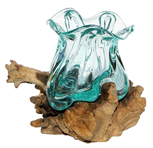 Geschenk-Idee Dekoration Wohnung Gamal Wurzel-Holz Glas-Vase Teakholz Handarbeit Vase (Ø Glas 12-14 cm Pott M) von Wogeka