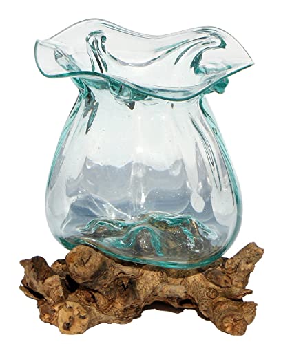 Geschenk-Idee Dekoration Wohnung Gamal Wurzel-Holz Glas-Vase Teakholz Handarbeit Vase (Ø Glas 16-19 cm Pott L) von Wogeka