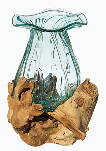 Geschenk Idee Dekoration Wohnung Gamal Wurzel Holz Glas Vase Teakholz Handarbeit Vase (Ø Glas 18-20 cm Pott XL) von Wogeka