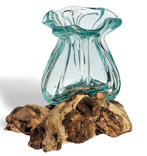 Geschenk Idee Dekoration Wohnung Gamal Wurzel Holz Glas Ø Glas 12-13 cm Vase Teakholz Handarbeit Vase Pott S von Wogeka