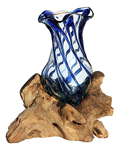 Wogeka - Glas Vase Venezia auf Wurzel-Holz - im modernen Style als Geschenk-Idee zu Weihnachten Geburtstag zur Dekoration (Blau) von Wogeka