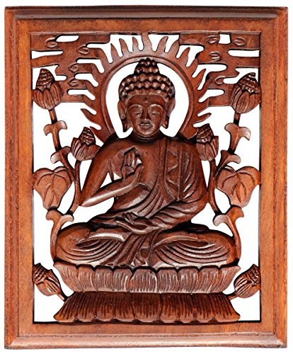 Wogeka - 30 cm Buddha Meditation Relief - Handarbeit aus Holz geschnitzt Feng Shui Wand Deko Rel35 von Wogeka