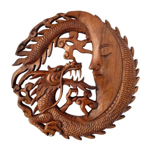 Wogeka - Rundes 30 cm Drache-Mond Relief - Handarbeit aus Holz geschnitzt als Geschenk-Idee für Asia Fans zu Geburtstag, Weihnachten zur Wand-Deko Feng Shui Rel16 von Wogeka