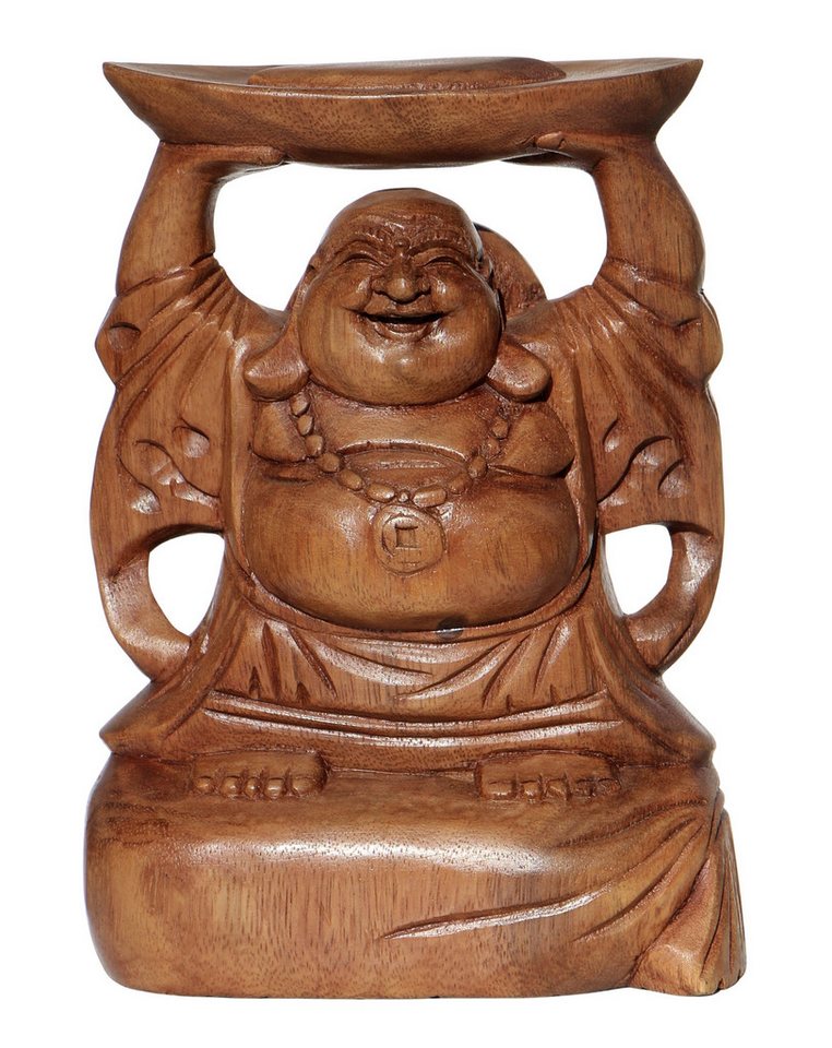 Wogeka Buddhafigur lachender Happy Buddha Geld Holz-Figur Feng Shui Statue von Wogeka