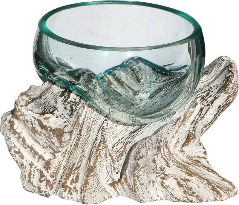 Wogeka Dekoschale Glas-Schale auf weißem Wurzelholz Teakholz Gamal Vase von Wogeka