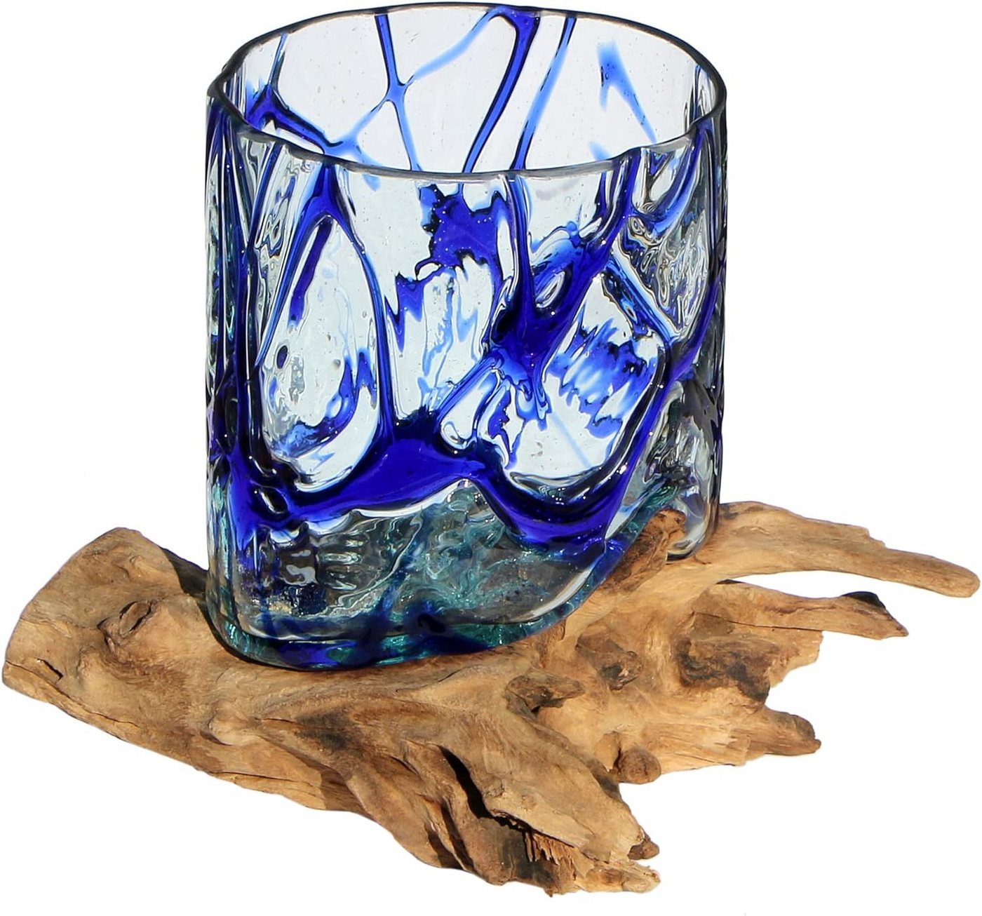 Wogeka Dekovase Glas-Vase Gloria" auf Wurzel-Holz Ø Glas 15-16 cm Teakholz Gamal" von Wogeka