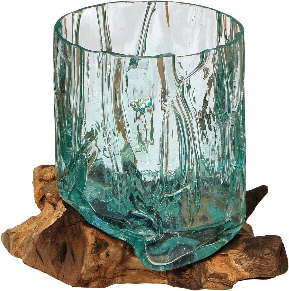 Wogeka Dekovase Glas-Vase Gloria" auf Wurzel-Holz Ø Glas 15-16 cm Teakholz Gamal" von Wogeka