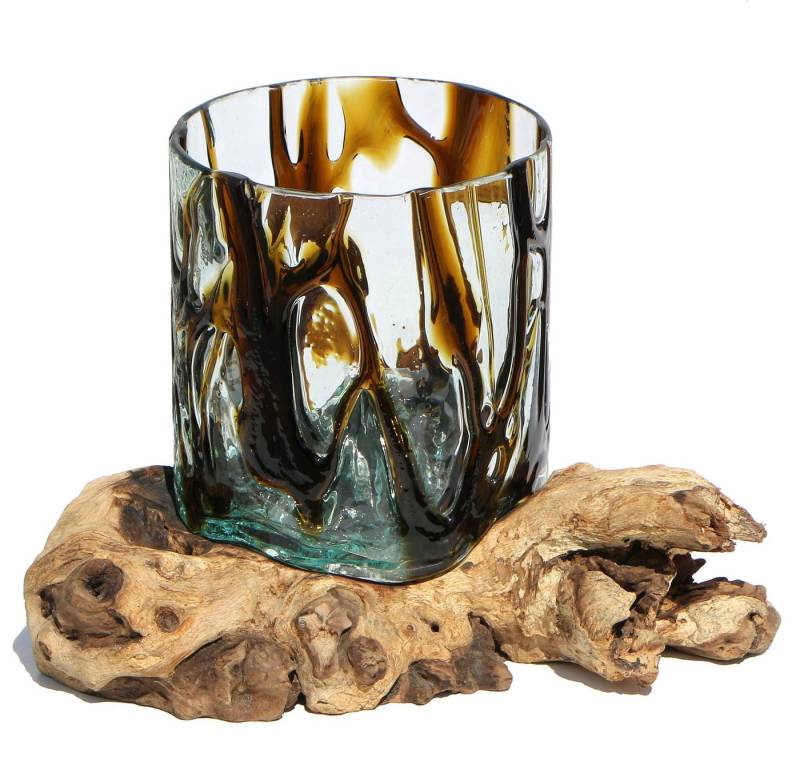 Wogeka Dekovase Glas-Vase "Gloria" auf Wurzel-Holz Ø Glas 15-16 cm Teakholz Gamal von Wogeka