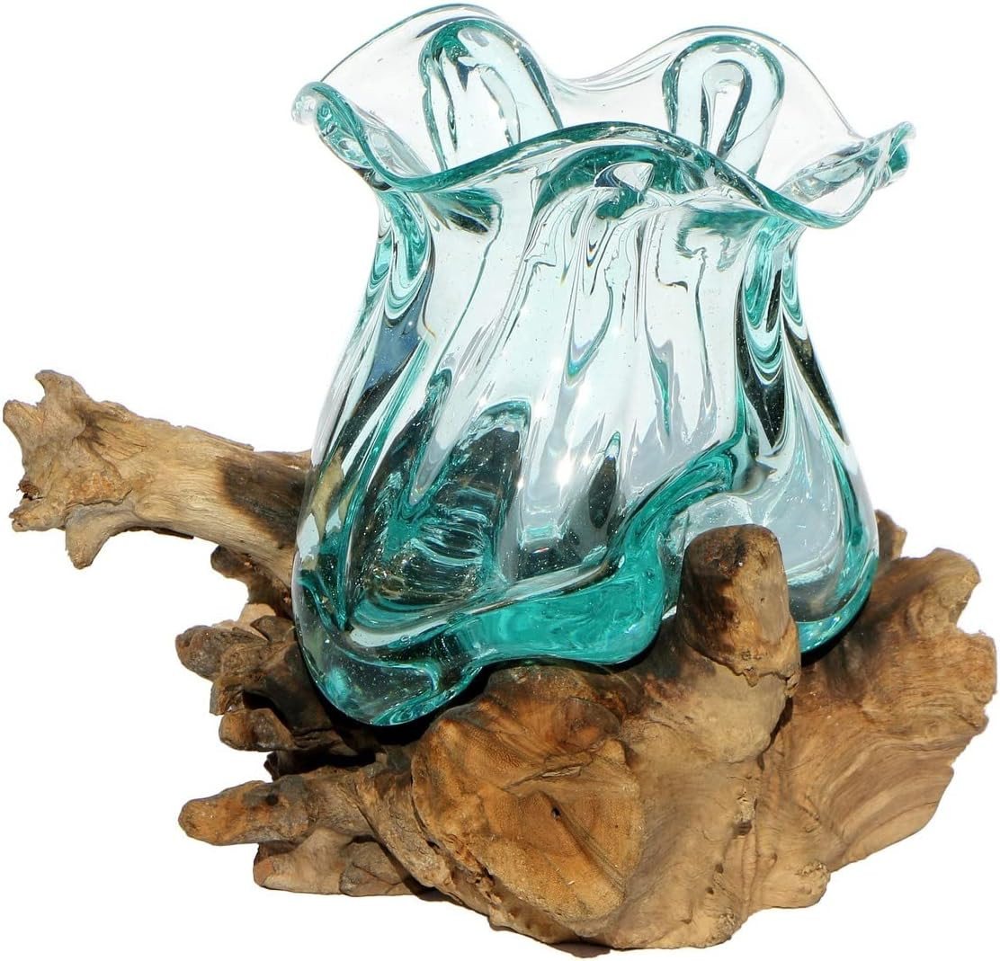 Wogeka Dekovase Glas-Vase auf Wurzelholz Ø Glas 12-14 cmTeakholz Handarbeit Pott M von Wogeka