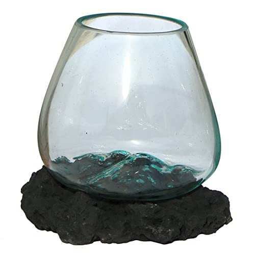 Wogeka - Designer Glas-Vase Batur auf Lava-Stein als Maritime Mediterrane Deko Geschenk-Idee zu Weihnachten Geburtstag (Batur L (Ø Glas 17-19 cm)) von Wogeka