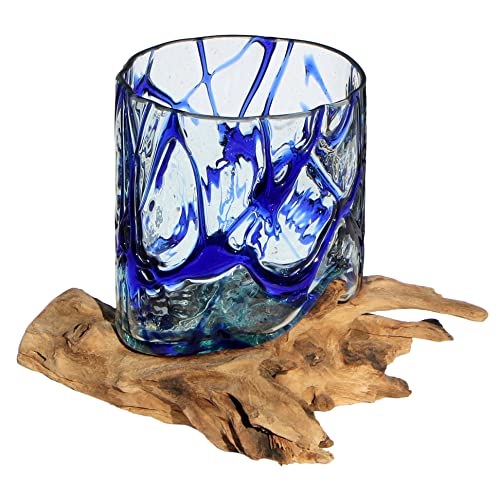 Wogeka - Designer Glas-Vase Gloria auf Wurzel-Holz als Maritime Mediterrane Deko Geschenk-Idee zu Weihnachten Geburtstag (Gloria L.bl (Ø Glas 15-16 cm)) von Wogeka