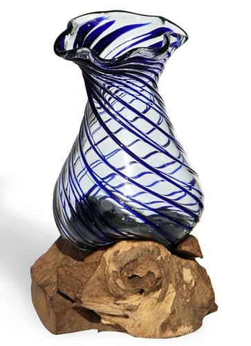 Wogeka - Glas Vase Venezia auf Wurzel-Holz - im modernen Style als Geschenk-Idee zu Weihnachten Geburtstag zur Dekoration (Blau M) von Wogeka