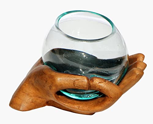 Wogeka - Glas-Vase in Holz-Hand - Handarbeit im modernen Style als Geschenk-Idee zu Weihnachten Geburtstag zur Dekoration Ø Glas 12-13 cm Hand02 von Wogeka