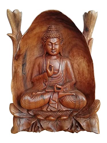 Wogeka - Schöner 30 cm Meditation Buddha in Höhle - Schnitzerei aus Holz als Geschenk-Idee zu Geburtstag Weihnachten zur Wand-Dekoration Feng Shui Handarbeit von Wogeka