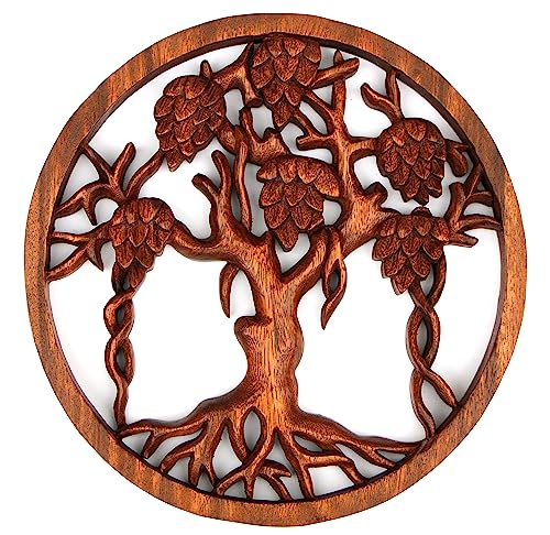 Wogeka - Super schönes 29 cm Baum Relief - Handarbeit aus Holz geschnitzt als besondere Geschenk-Idee für Asia Fans zu Geburtstag, Weihnachten zur Wand-Deko Dragon Feng Shui Baum mit Zapfen Rel41 von Wogeka