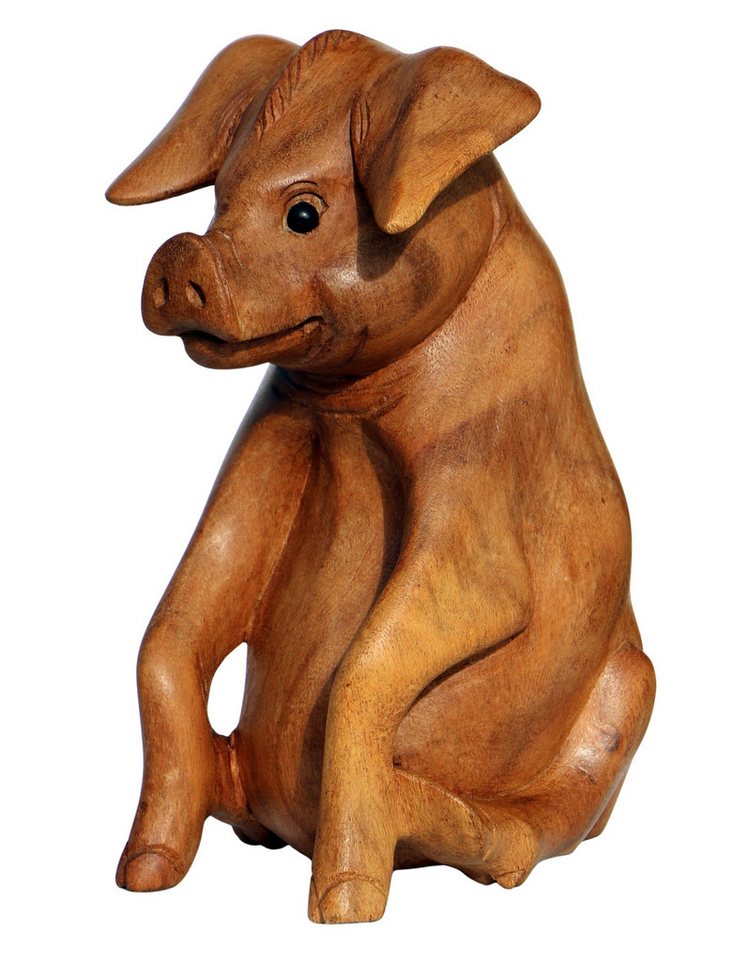 Wogeka Tierfigur sitzendes Glücksschwein Schwein Holz Figur Tier Statue Dekoration von Wogeka