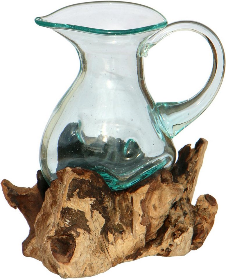 Wogeka Wasserkrug Glas-Krug auf Wurzelholz Kanne Teakholz Gamal Bali Vase von Wogeka