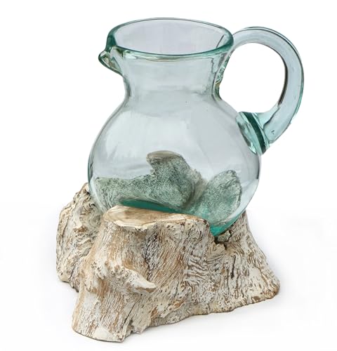 Wogeka - White Line Collection - Weißer Glas Krug auf Wurzel-Holz - Maritime Mediterrane Deko als Geschenk-Idee zu Weihnachten Geburtstag zur Dekoration (Krug Lw) von Wogeka
