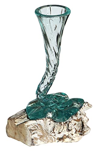 Wogeka - White Line Collection - weiße Glas-Vase Elegance auf Wurzel-Holz als Maritime Mediterrane Deko Geschenk-Idee zu Weihnachten Geburtstag (Elegance 25w) von Wogeka