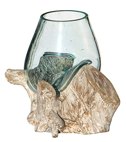 Wogeka - White Line Collection - weiße Glas-Vase auf Wurzel-Holz als Maritime Mediterrane Deko Geschenk-Idee zu Weihnachten Geburtstag (GlasSw (Ø Glas 13-14 cm)) von Wogeka