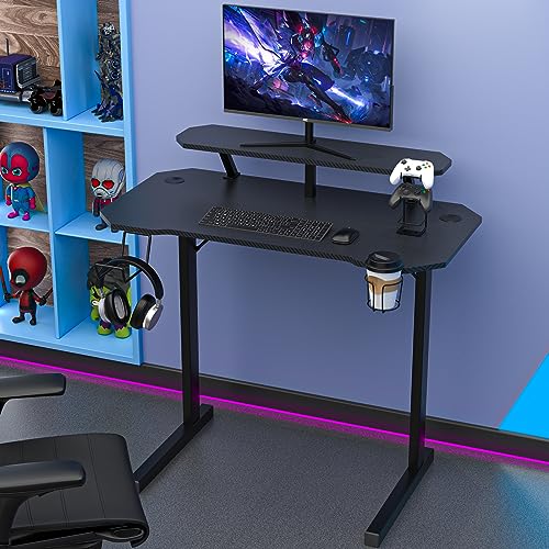 Gaming Tisch mit Monitorständer T-förmiger 100x54x74cm Schreibtisch Schwarz Ergonomischer Computertisch Kohlefaserbeschichtung Gamer PC Tisch mit Getränkehalter Gamepad-Ständer Kopfhörerhalter von Wohenster