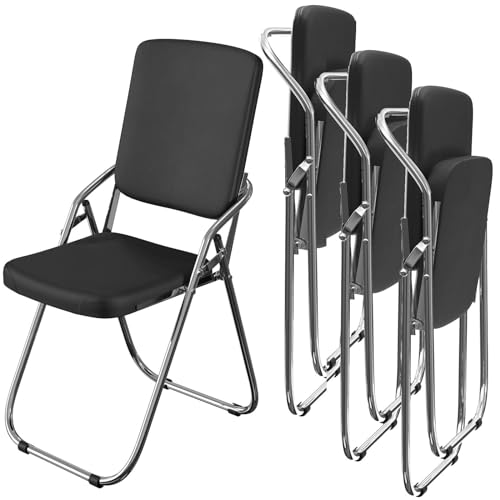 Wohenster 4er Set Klappstuhl Metall Faltstuhl mit Soft-Skin Gepolstert und Lehne - Schwarz Klappsessel mit Armlehnen, Klappstuhl Balkon Camping Klappstühle Folding Chair Beistellstuhl Stuhl Bürostuhl von Wohenster