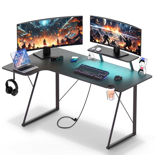 Wohenster Gaming Tisch mit ladefunktion, L Form Schreibtisch, Eckschreibtisch für Büro, Pc Ecktisch Computertisch mit Monitorständer, Einfach zu Montieren Eck Tisch, Schwarz, 150X90x75cm von Wohenster