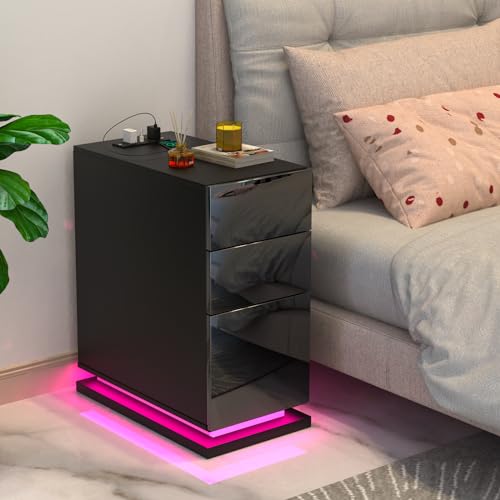 Wohenster LED Nachttisch mit 3 Schubladen, Hochglanz Nachttische mit Ladestation und USB Anschluss, Schwarz Nachtschrank Nachtkommode für Schlafzimmer Wohnzimmer, 50x30x63cm Beistelltisch Wohenster LED Nachttisch mit 3 Schubladen, Hochglanz Nachttische mit Ladestation und USB Anschluss, Schwarz Nachtschrank Nachtkommode für Schlafzimmer Wohnzimmer, 50x30x63cm Beistelltisch von Wohenster