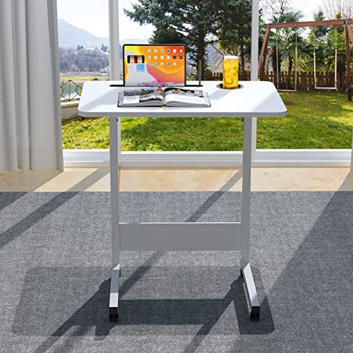 Wohenster Laptoptisch Höhenverstellbar Schreibtisch Holz mit Drehbarer Rollen, Notebook-Ständer und Getränkehalter, 60 x 40 cm Weiß Beistelltisch Mobiler, Tisch für Bett Sofa Schlafzimmer Wohnzimmer von Wohenster