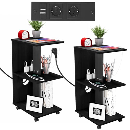 Wohenster Nachttisch Schwarz 2er Set Beistelltisch Holz mit Steckdose Rädern, Wohnzimmertisch E-Form, Mobiler Nachttische Schmal Nachtisch mit Ladefunktion, 40x30x60cm Beistelltische Schlafzimmer Wohenster Nachttisch Schwarz 2er Set Beistelltisch Holz mit Steckdose Rädern, Wohnzimmertisch E-Form, Mobiler Nachttische Schmal Nachtisch mit Ladefunktion, 40x30x60cm Beistelltische Schlafzimmer von Wohenster