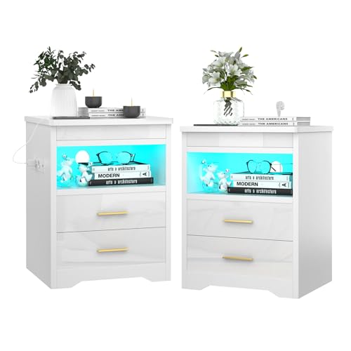 Wohenster Nachttisch Weiß 2er Set Nachtschrank mit Led Licht Steckdose Nachtkommode mit Sicherheitsschlüsselschloss Schubladen Versteckte Schiebeschränke 39x44x58cm Nachttische Wohnzimmer Schlafzimmer Wohenster Nachttisch Weiß 2er Set Nachtschrank mit Led Licht Steckdose Nachtkommode mit Sicherheitsschlüsselschloss Schubladen Versteckte Schiebeschränke 39x44x58cm Nachttische Wohnzimmer Schlafzimmer von Wohenster