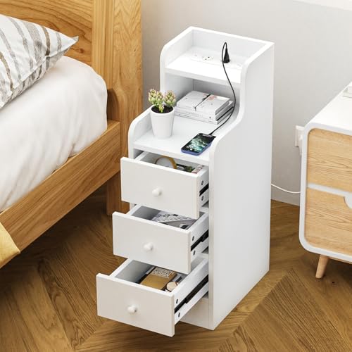 Wohenster Nachttisch mit Ladefunktion, Beistelltisch schmal mit 2 offenen Ablagen und 3 Schublade, Nachttische Holz, Tisch Wohnzimmer, Betttisch,Weiß Nachtschrank für Schlafzimmer,35x25x70 cm, Weiß Wohenster Nachttisch mit Ladefunktion, Beistelltisch schmal mit 2 offenen Ablagen und 3 Schublade, Nachttische Holz, Tisch Wohnzimmer, Betttisch,Weiß Nachtschrank für Schlafzimmer,35x25x70 cm, Weiß von Wohenster