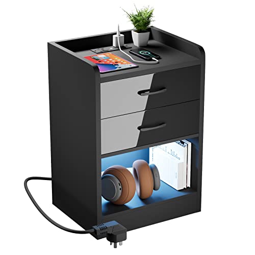 Wohenster Nachttisch mit Ladefunktion und LED-Licht, Nachtschrank mit 2 Schublade, Schwarz Nachttische Organizer Einheit 40x35x65cm Nachtkästchen Beistelltisch Couchtisch für Schlafzimmer Wohnzimmer Wohenster Nachttisch mit Ladefunktion und LED-Licht, Nachtschrank mit 2 Schublade, Schwarz Nachttische Organizer Einheit 40x35x65cm Nachtkästchen Beistelltisch Couchtisch für Schlafzimmer Wohnzimmer von Wohenster