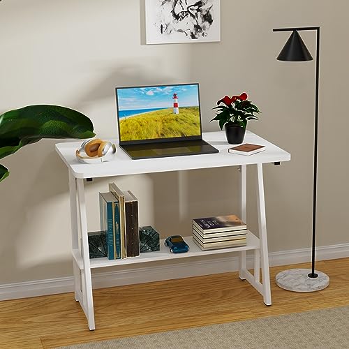 Wohenster Schreibtisch mit Bücherregal Weiß PC Tisch mit Regal, Computertisch mit Regal, Ergonomischer Laptoptisch, Computertische 80x50x73cm Bürotisch, Arbeitstisch für das Heimbüro, Wohnzimmer von Wohenster