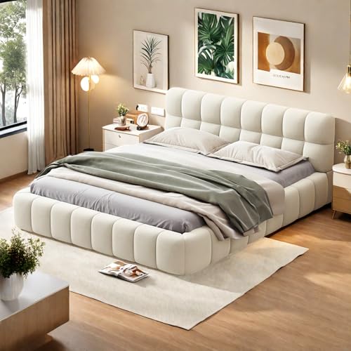 Polsterbett 140 x 200 cm, Bubble Bett 140x200cm Doppelbett mit Lattenrost und weicher Rückenlehne Flachbett Bettgestell, Jugendbett für Schlafzimmer und Gästezimmer, Leinenstoff, ohne Matratze, Beige Polsterbett 140 x 200 cm, Bubble Bett 140x200cm Doppelbett mit Lattenrost und weicher Rückenlehne Flachbett Bettgestell, Jugendbett für Schlafzimmer und Gästezimmer, Leinenstoff, ohne Matratze, Beige von WohlKunst