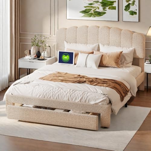 Polsterbett 140x200 cm, Doppelbett Stauraumbett mit Schubladen, Höhenverstellbarem Kopfteil mit USB, Funktionsbett Jugendbett Bettgestell Bett 140x200 mit Lattenrost aus Holz,ohne Matratze, Beige Polsterbett 140x200 cm, Doppelbett Stauraumbett mit Schubladen, Höhenverstellbarem Kopfteil mit USB, Funktionsbett Jugendbett Bettgestell Bett 140x200 mit Lattenrost aus Holz,ohne Matratze, Beige von WohlKunst