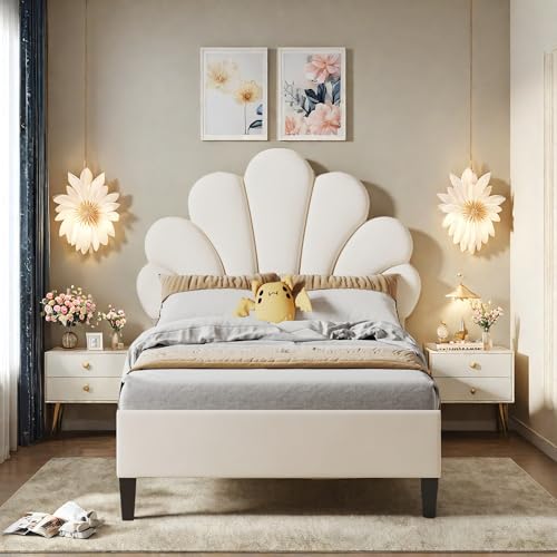 Polsterbett Kinderbett 90 x 200 cm, Bettgestell mit Höhenverstellbarem Kopfteil in Blumenform und Lattenrost, 90x200cm Bett Teenie-Mädchenbett in hautfreundlichem Samtstoff, Gästebett, Beige Polsterbett Kinderbett 90 x 200 cm, Bettgestell mit Höhenverstellbarem Kopfteil in Blumenform und Lattenrost, 90x200cm Bett Teenie-Mädchenbett in hautfreundlichem Samtstoff, Gästebett, Beige von WohlKunst
