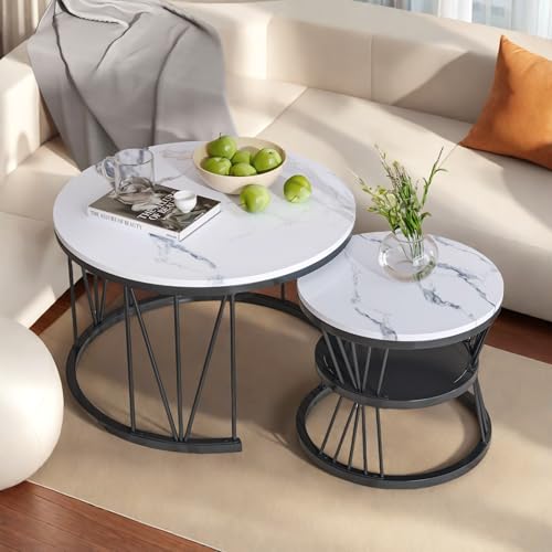 Set mit 2 Runden Couchtischen, satztische fürs Wohnzimmer, Mit MDF-Tischplatte schwarzer Metallrahmen, Ideal für Wohnzimmer, Balkon und Büro, Größe 70x45+40x45 cm (Schwarz) von WohlKunst