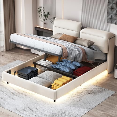 WohlKunst Polsterbett 140×200 mit LED Beleuchtung, Doppelbett 140x200 mit Klappbarem Kopfteil & Hydraulischem Stauraum, Bettgestell mit Lattenrost,Jugendbett, Samt, Ohne Matratze, Beige WohlKunst Polsterbett 140×200 mit LED Beleuchtung, Doppelbett 140x200 mit Klappbarem Kopfteil & Hydraulischem Stauraum, Bettgestell mit Lattenrost,Jugendbett, Samt, Ohne Matratze, Beige von WohlKunst