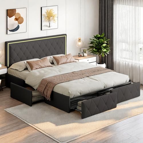 WohlKunst Polsterbett 160x200 cm mit LED, Doppelbett mit Verstellbares Kopfteil, Stauraumbett mit 4 Schubladen, Jugendbett Bettgestell mit Lattenrost, für Erwachsene, PU (140x200cm) von WohlKunst