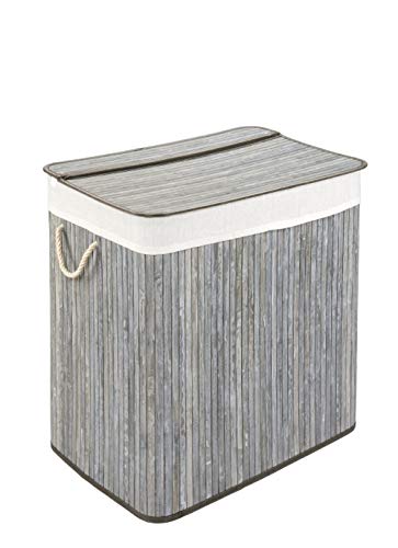 Wäschekorb mit Deckel und 2 Fächer - stabile Wäschebox Bambus - Wäschekorb Grau mit Wäschesack, waschbar - 100% Bambus - 104 Liter von WohnDirect